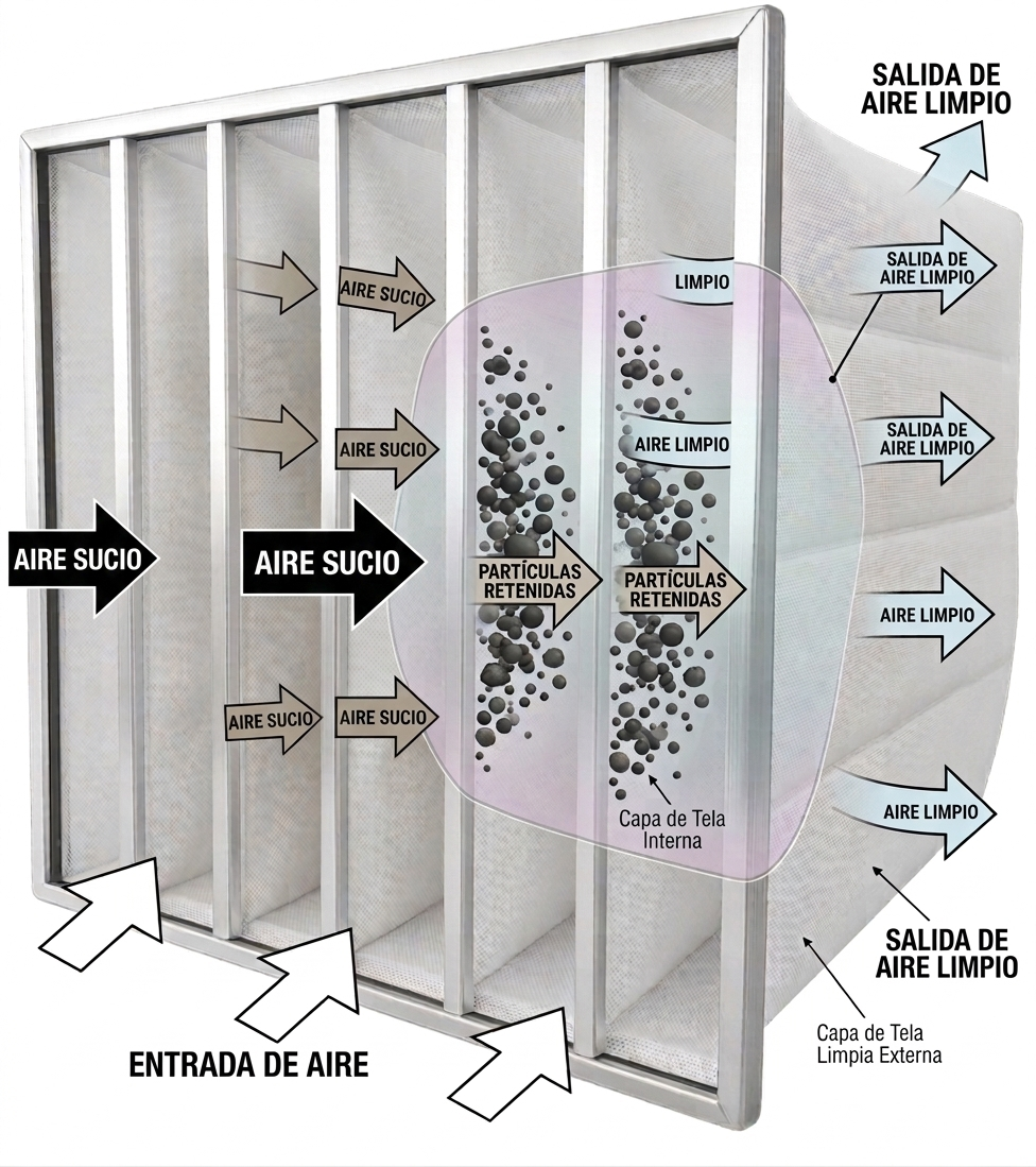 Funcionamiento del Filtro Multibolsa - Roca Ingenieria Esquema técnico de un filtro multibolsa industrial mostrando la entrada de aire sucio, la retención de partículas en la tela y la salida de aire limpio.