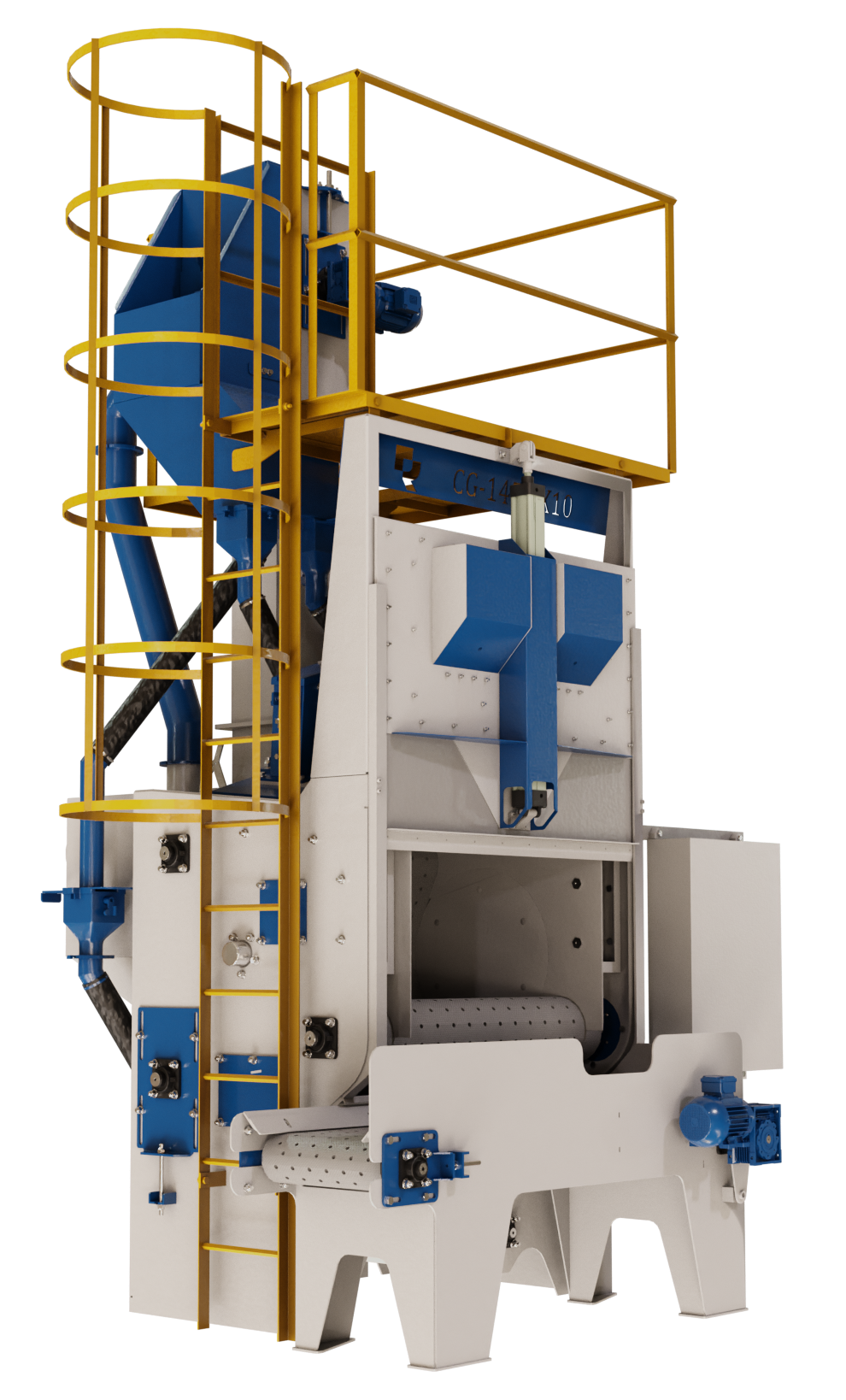 Granalladora de cinta rotativa industrial Granalladora de cinta rotativa industrial para piezas a granel - Roca Ingeniería.